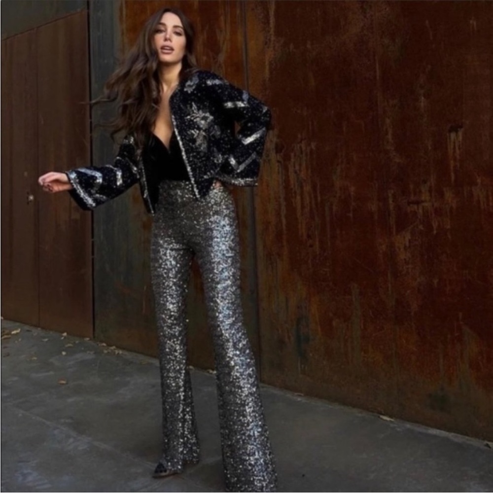 ZARA DARK SILVER GREY HIGH WAIST SEQUINNED FLARED WIDE LEG PANTS NWT - Picture 3 of 7